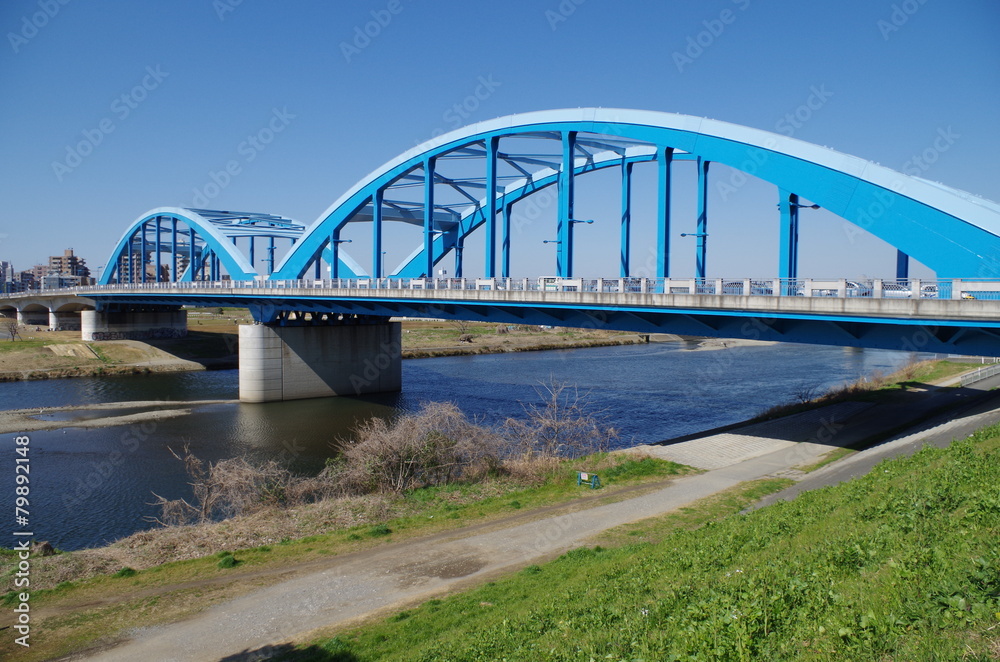 多摩川とアーチのある橋