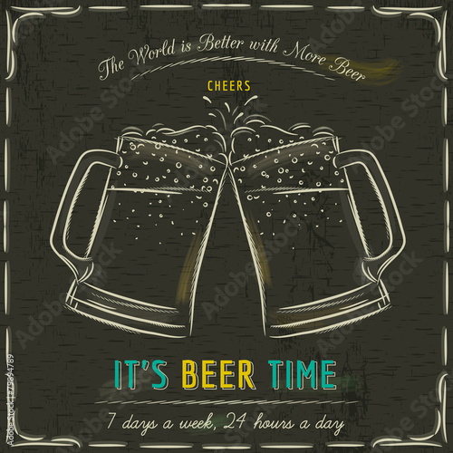 Brown blackboard with two cold mugs of beer