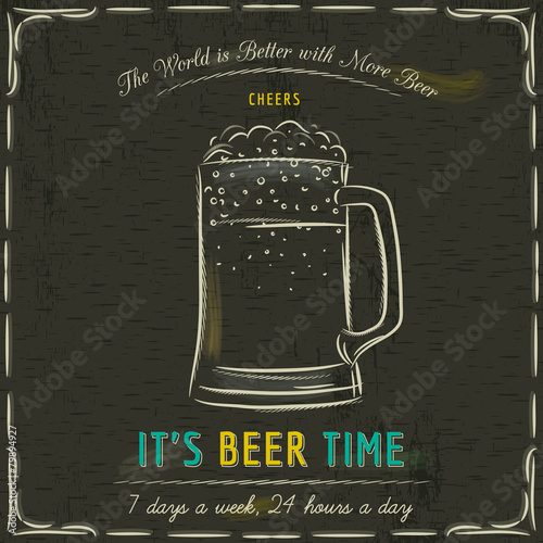 Brown blackboard with cold mugs of beer and text