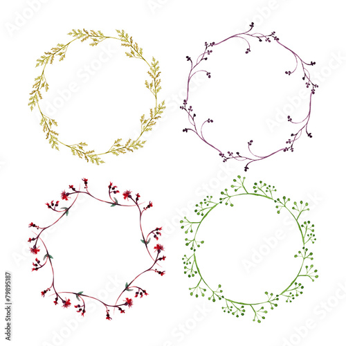 Set of round frames made of watercolor floral elements