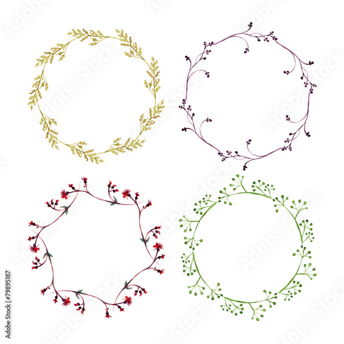 Set of round frames made of watercolor floral elements