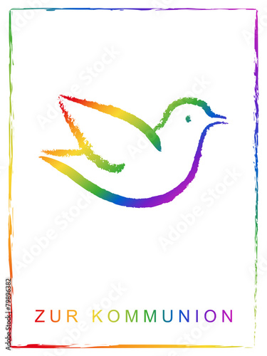Kommunionskarte: Handgezeichnete Taube in Regenbogenfarben