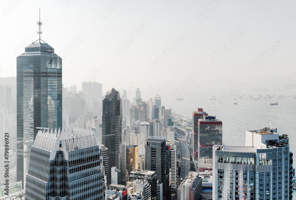 Obraz premium View of skyscrapers in business center of Hong Kong city and Vic
