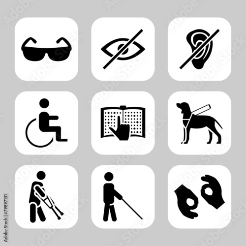 Physically disability related vector icon set
