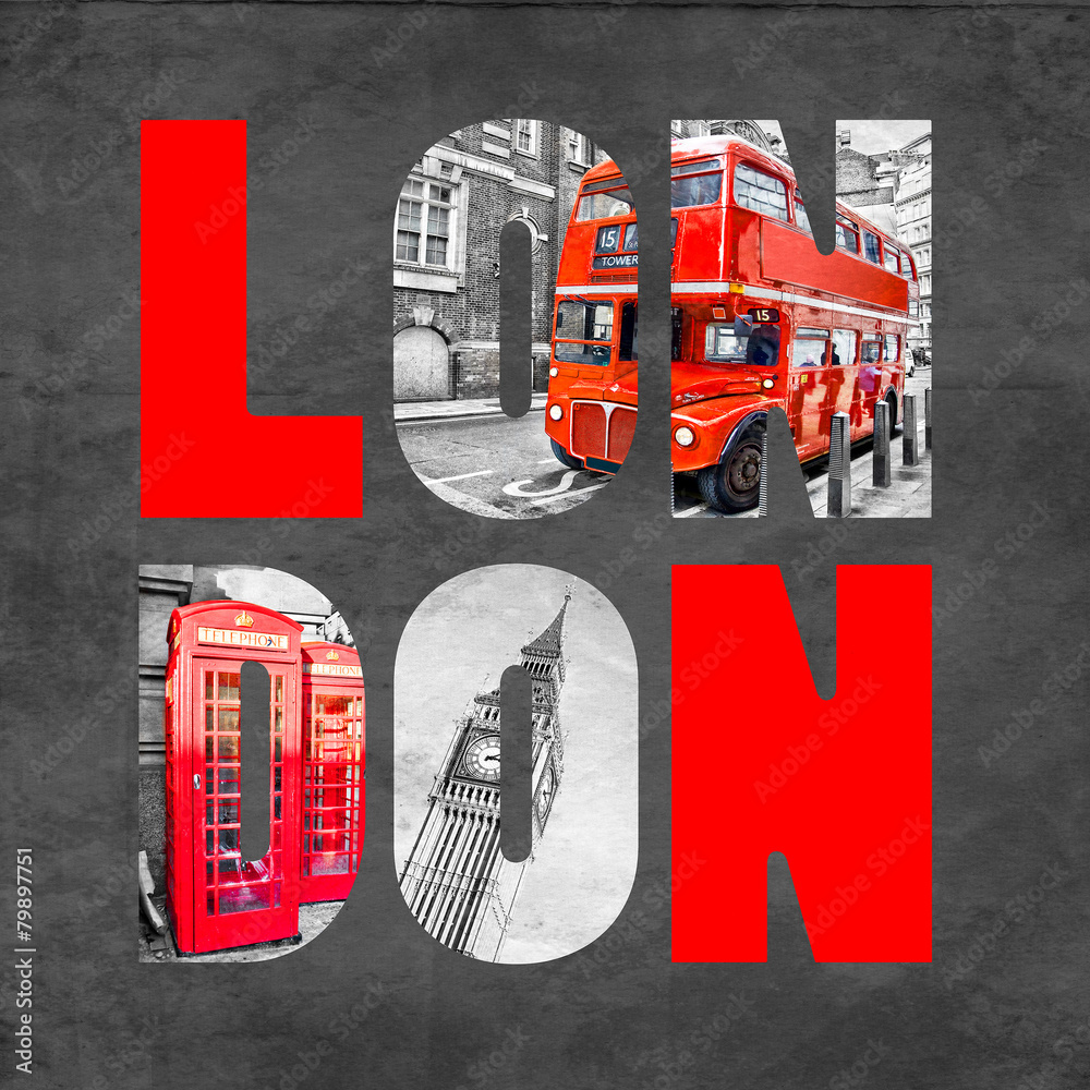 London letters with images on  black background - obrazy, fototapety, plakaty 