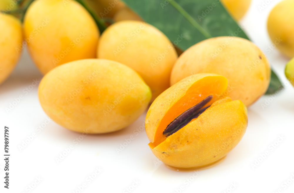 Marian plum slice isolated in white background Marian plum slice isolated in white background