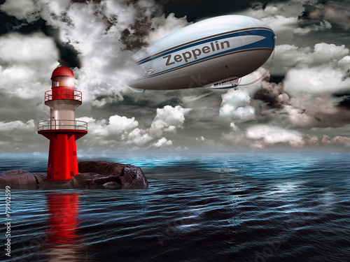 Zeppelin, Luftschiff mit Leuchtturm über Ozean