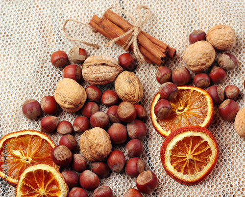 Assortment of nuts and spices on a table