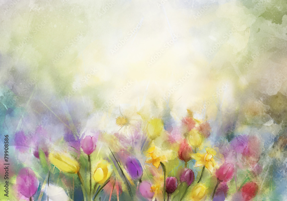 Watercolor flowers painting,daffodils and tulip
