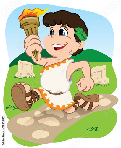 Greek child carrying Olympic torch sports