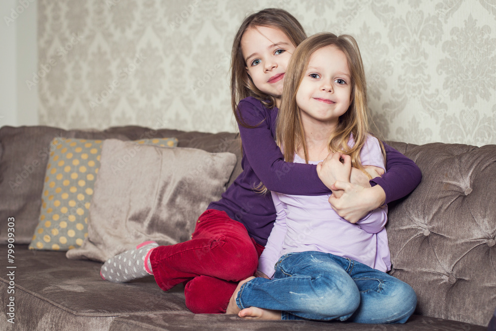 Portrait of two cute sisters at home. Family Portrait of two cute sisters at home. Family