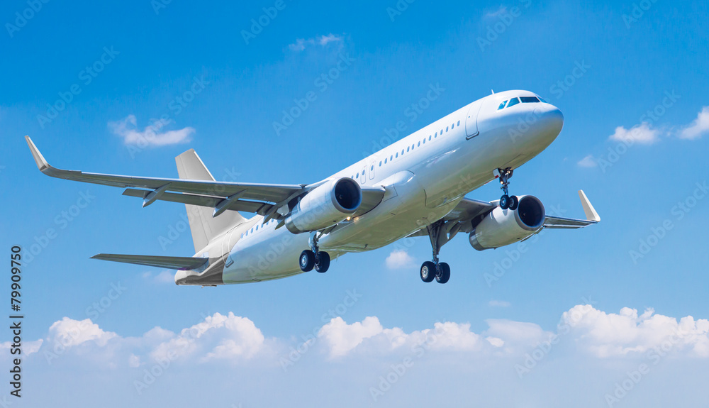 Commercial plane taking off against blue sky