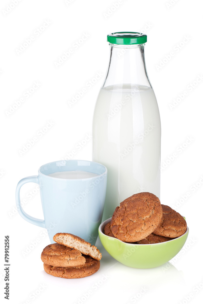 Cup, bottle of milk and bowl with cookies Cup, bottle of milk and bowl with cookies