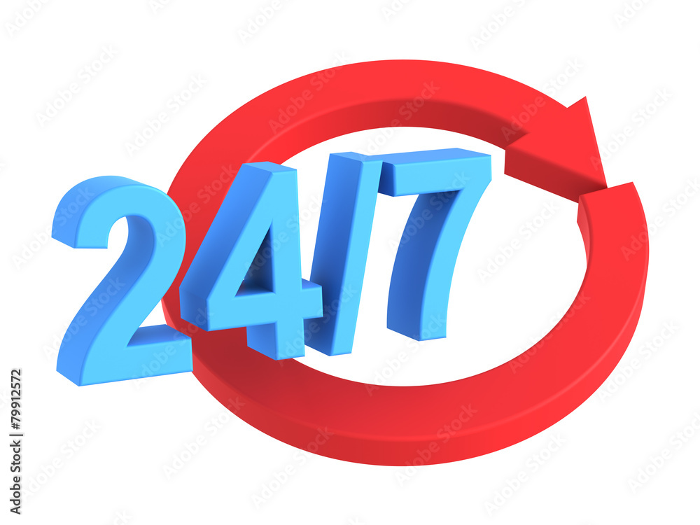 24 hours a day and 7 days a week sign isolated over white. 24 hours a day and 7 days a week sign isolated over white.