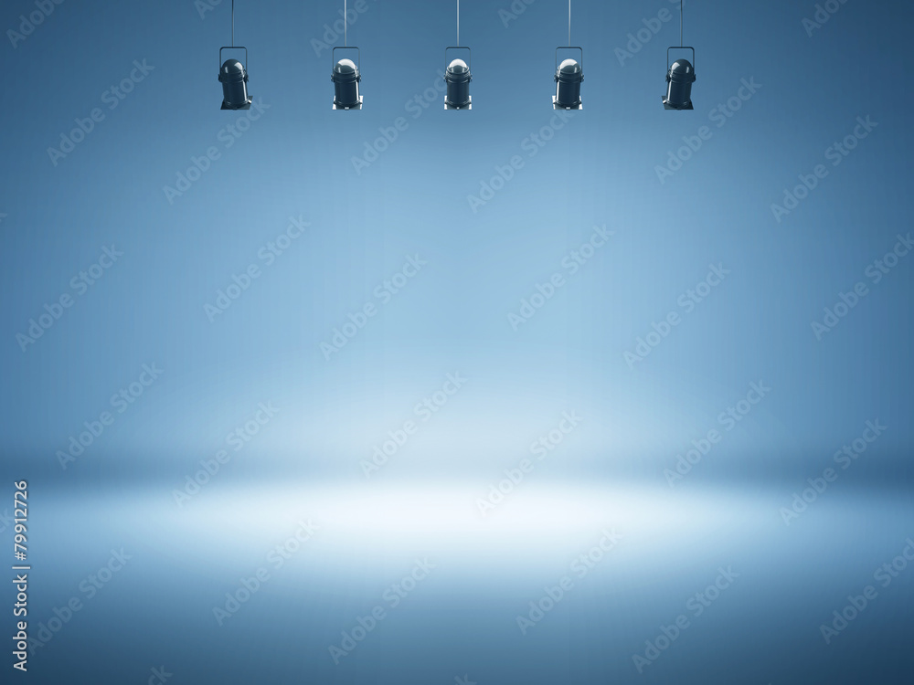 blue spotlight background with studio lamps - obrazy, fototapety, plakaty 