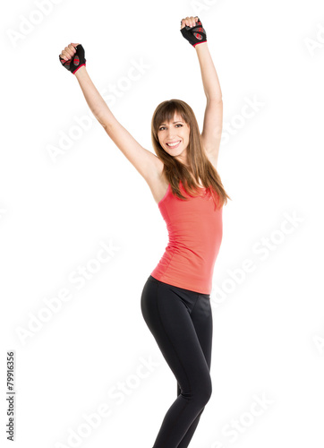 Happy fitness woman isolated on white background.