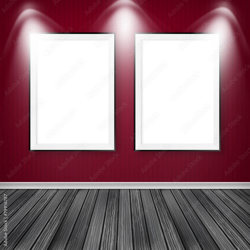 Gallery interior with two empty frames on wall Gallery interior with two empty frames on wall