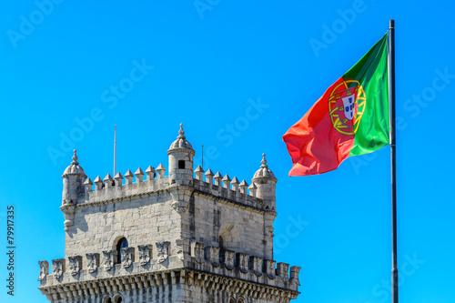 Belem Tower and flag of Portugal in Lisbon