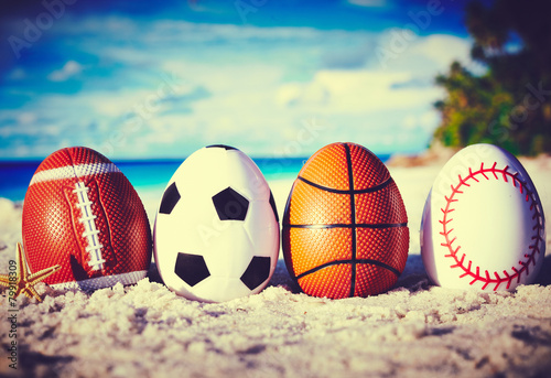 Sport eggs on ocean beach –Retro easter symbol