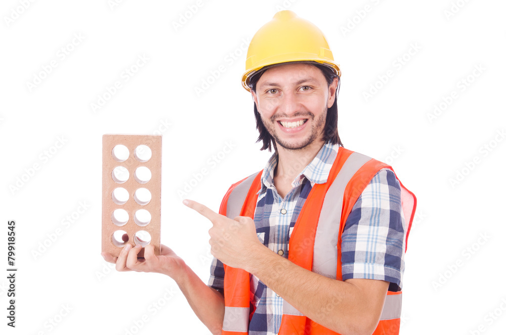 Young bricklayer with brick isolated on white Young bricklayer with brick isolated on white