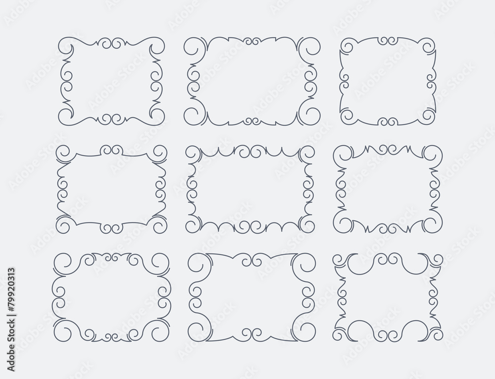 Set of 9 rich decorated calligraphic outlined stroke frames.