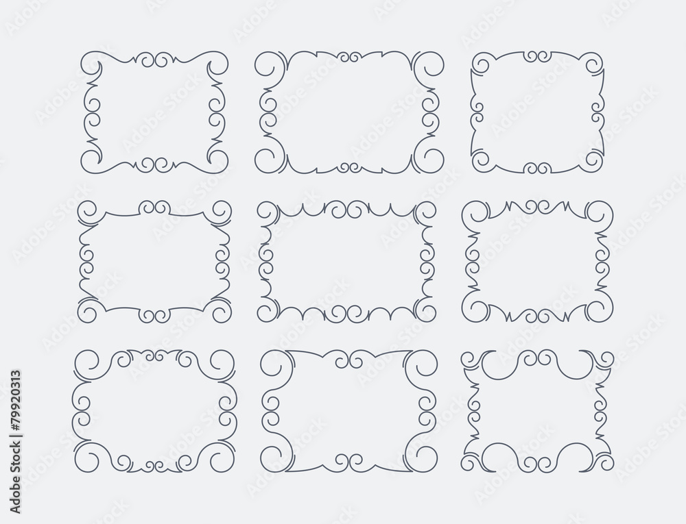 Set of 9 rich decorated calligraphic outlined stroke frames. Set of 9 rich decorated calligraphic outlined stroke frames.