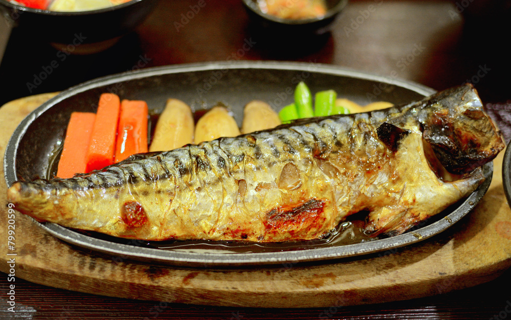 Grilled Saba soy sauce in hot pan, Japanese cuisine