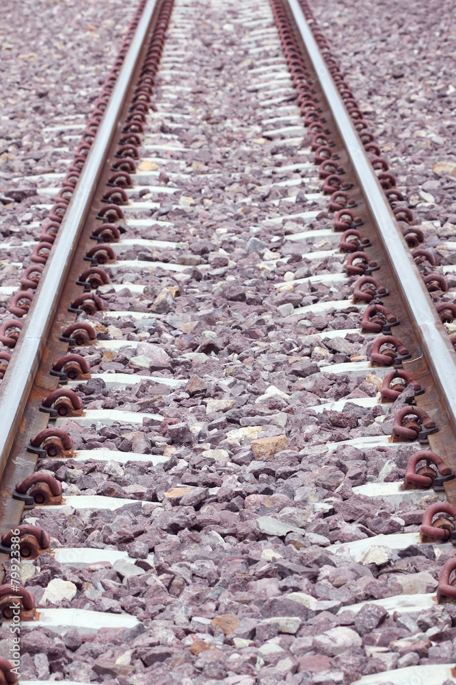 Naklejka premium Close up on part of railroad track from top view