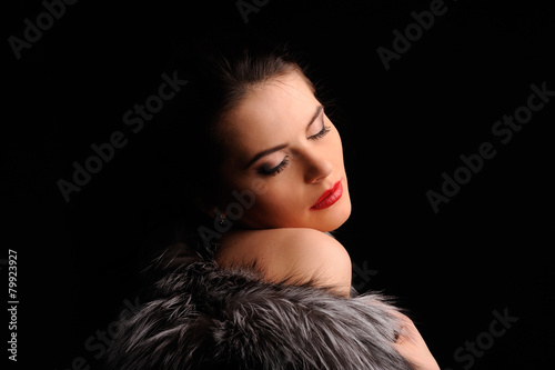 Beauty Fashion Model Girl in Blue Mink Fur Coat