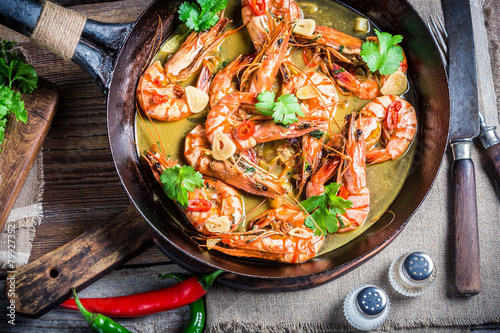 Tasty prawns with garlic and red peppers