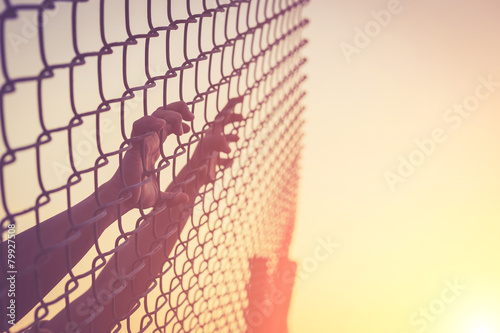 Hand holding on chain link fence