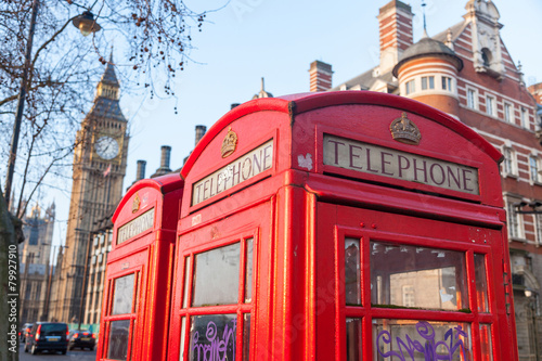 Famous red telephone box with Big Ben on background