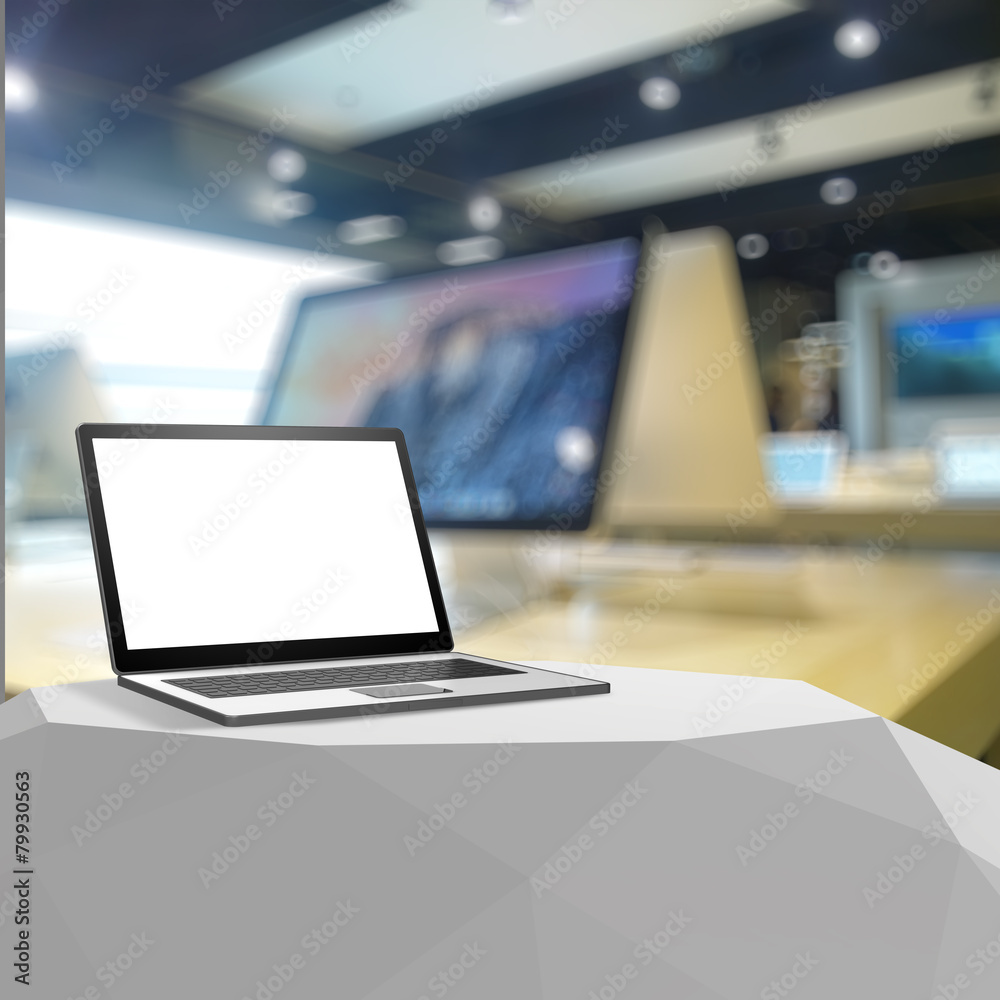 3d Laptop with blank screen on laminate table and blurred backgr 3d Laptop with blank screen on laminate table and blurred backgr