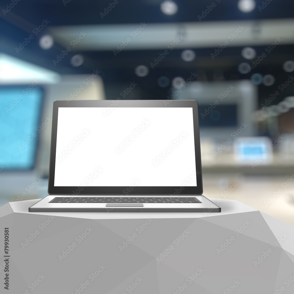 3d Laptop with blank screen on laminate table and blurred backgr 3d Laptop with blank screen on laminate table and blurred backgr