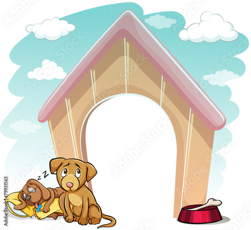 Puppies outside the doghouse