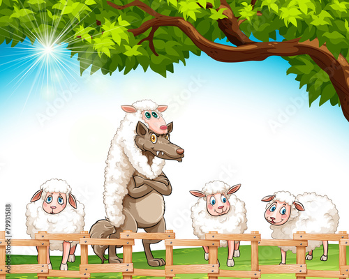 Schilderij op canvas Group of sheeps with a wolf