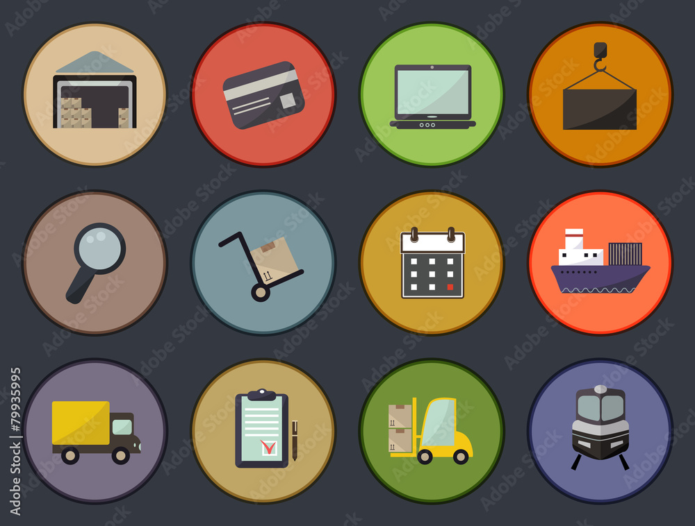Warehouse transportation and delivery icons flat set Warehouse transportation and delivery icons flat set