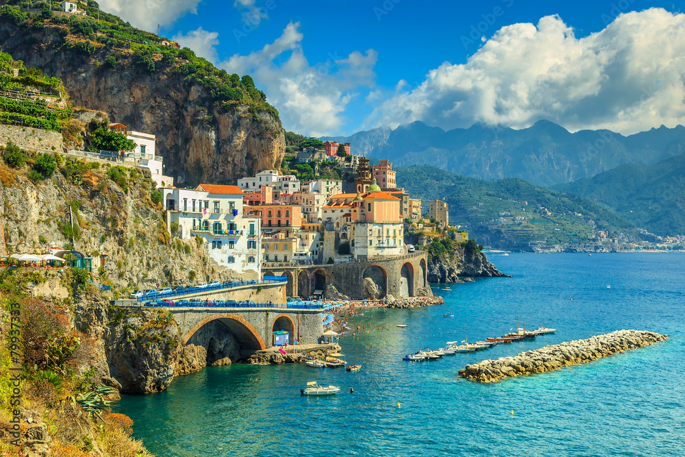Panoramic view of Amalfi,beach and harbor,Italy,Europe