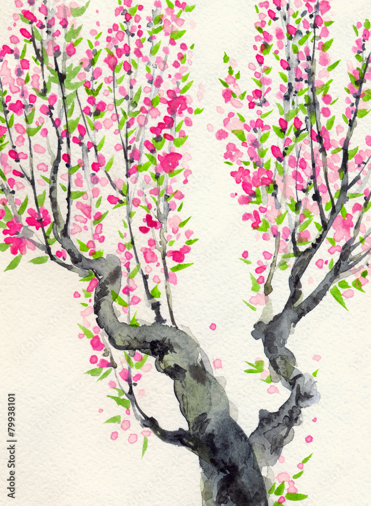 Watercolor background. Pink flowers on old tree