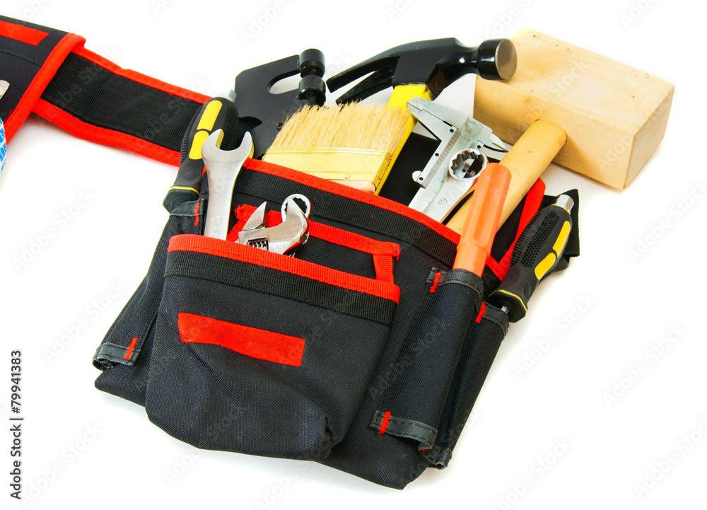 Many working tools in the carrying case on white background.