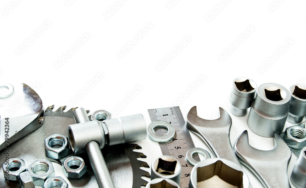 Fototapeta premium Metalwork. Spanner, ingot and others tools on white background.