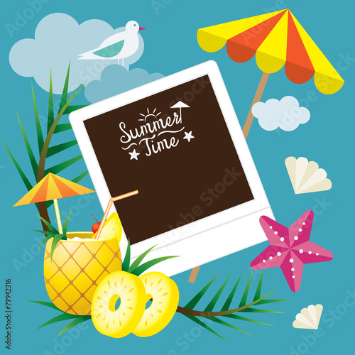 Pineapple Fruit and Summer Objects with Instant Film Frame