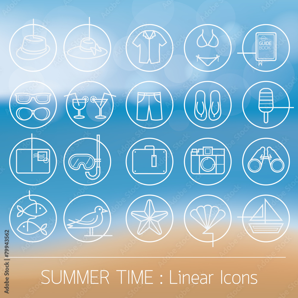 Summer Objects Linear Icons Set on Blur Background Summer Objects Linear Icons Set on Blur Background