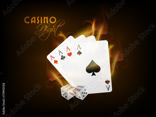 Playing cards with dices in fire for Casino Night.