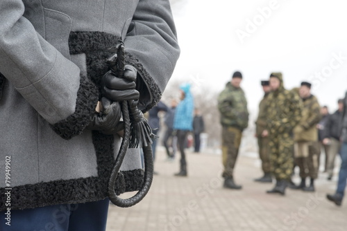 Cossack whip at a protest rally, Voronezh, Russia. photo
