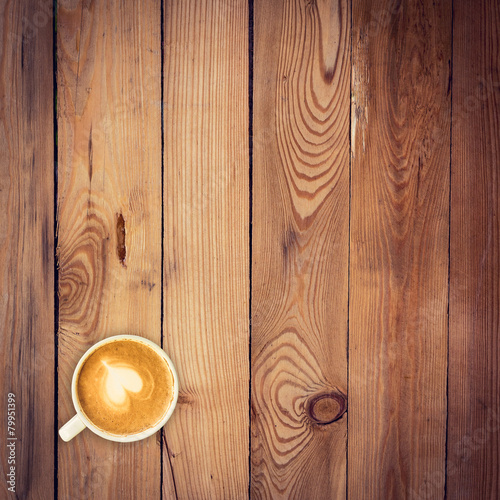 Top view latte coffee on wood table with space