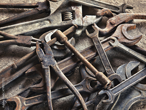 set of old dirty tools in vintage style