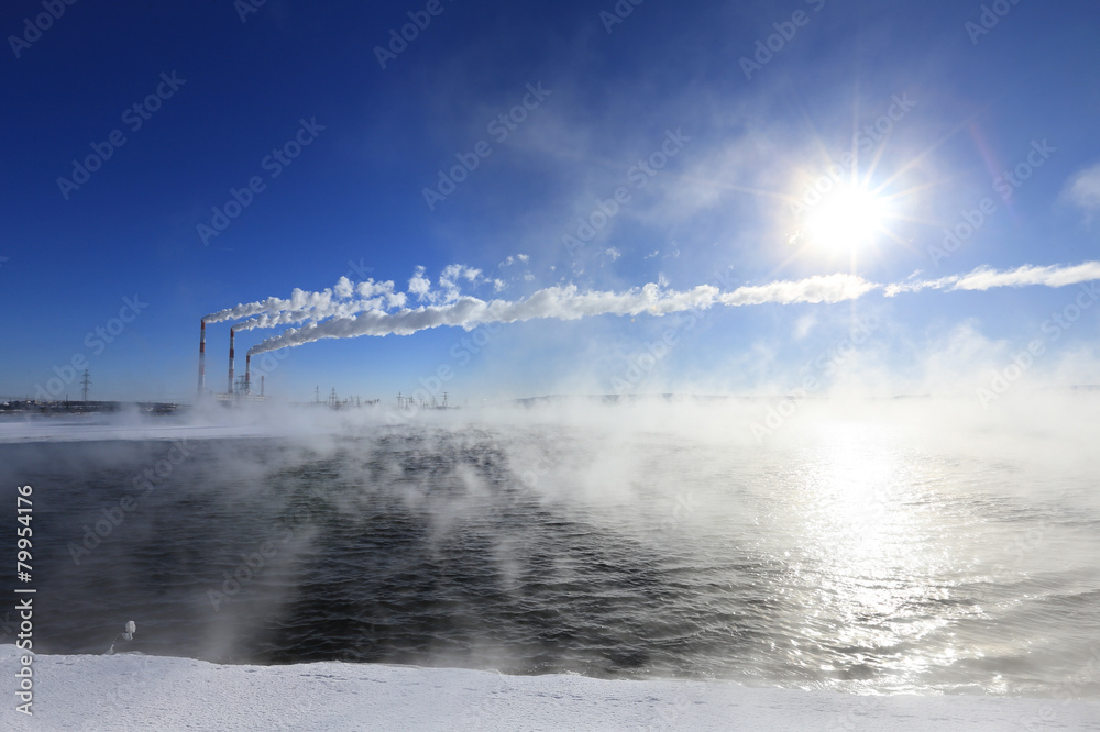 Hydroelectric power plant in winter