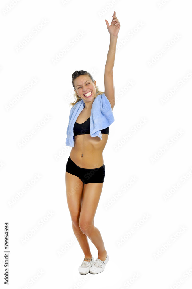 sexy woman with towel in sport shorts and top bra in fitness sexy woman with towel in sport shorts and top bra in fitness