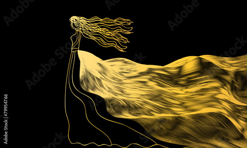 girl in a golden dress of abstract waves on a black background